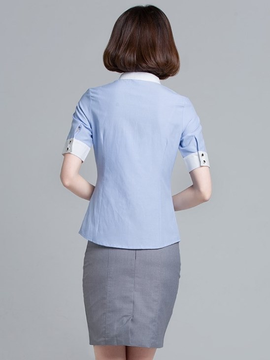 皇冠logo(短袖)OL襯衫女圓領白藍工作服制服wcps86