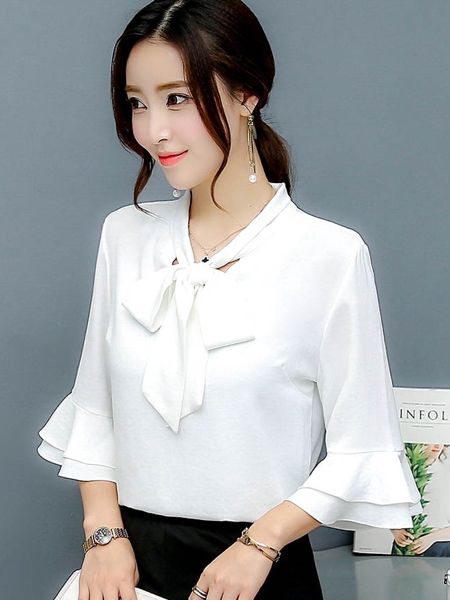 韓國特殊袖 蝴蝶結 襯衫白色OL上衣 wcps111