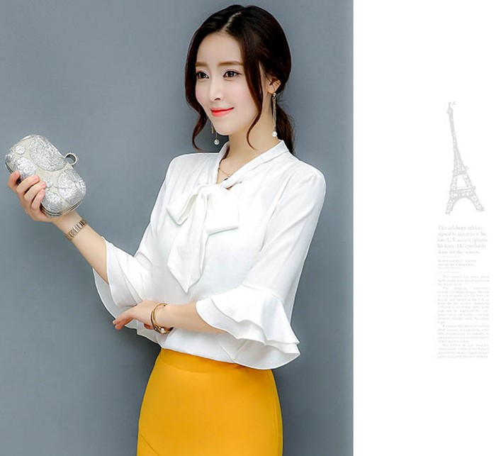 韓國特殊袖 蝴蝶結 襯衫白色OL上衣 wcps111