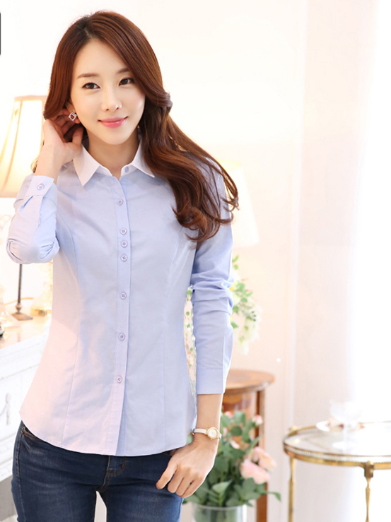 修身顯瘦OL襯衫 韓版工作服(藍衣白領)wcps61