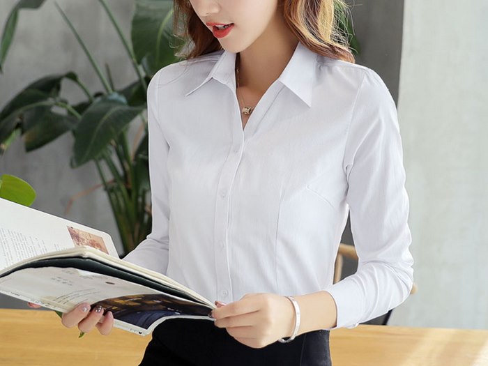 白色襯衫女 V領 OL服裝(長袖)OL套裝 大尺碼wcps65