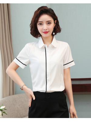 韓版OL圓領白襯衫(拼黑條)短袖wcps140