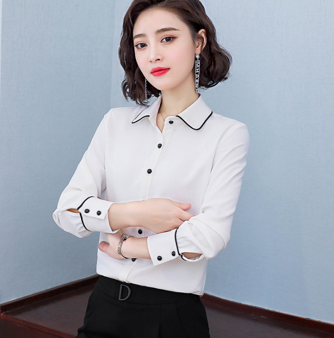 韓版圓領黑白包邊OL襯衫(高品質)長袖 wcps144