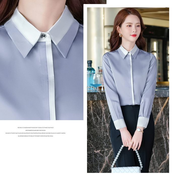 韓版灰藍色長袖 OL襯衫(絲緞帶光澤)wcps156